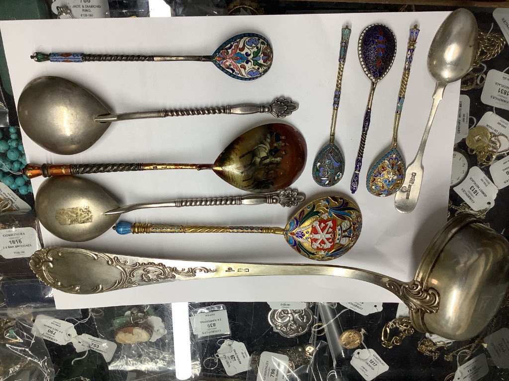 A small quantity of Russian style metal items including spoons (some with enamel) dishes, bowl etc.